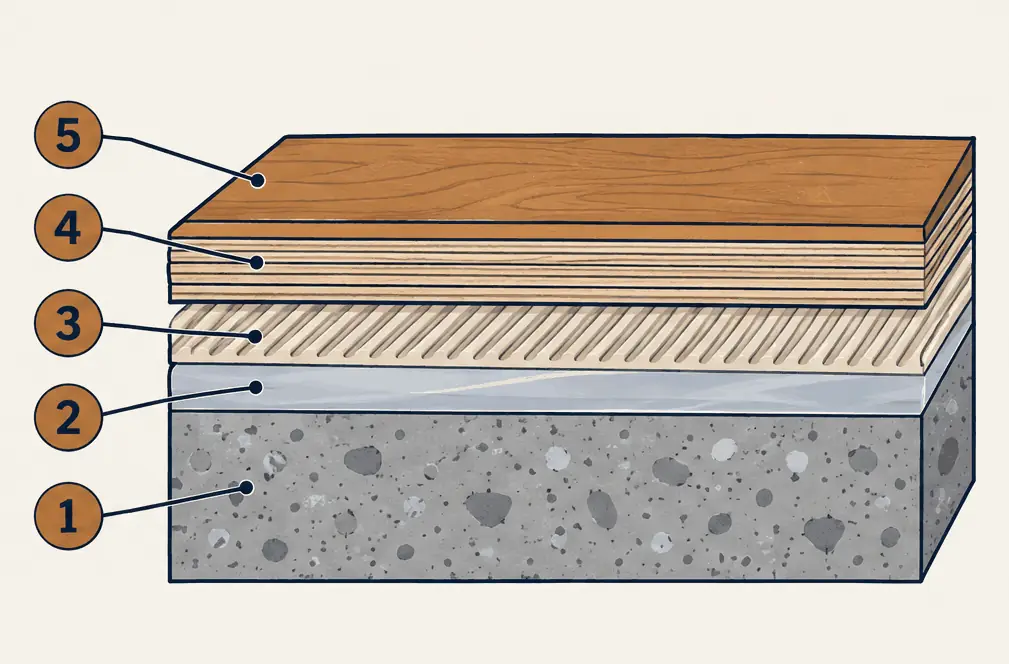 Diagram: cross-section of an engineered plank glued to a concrete slab, a moisture-control primer, adhesive, plywood core and a wood wear layer with finish