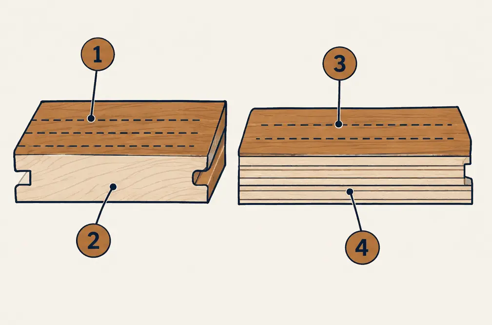 Diagram: side view of a solid board and an engineered board with the sandable wood above the tongue and above the glue line shaded, and a thin line for each sanding pass